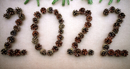 Figures 2022 made of fir cones on a light isolate, green branches of Christmas trees on top