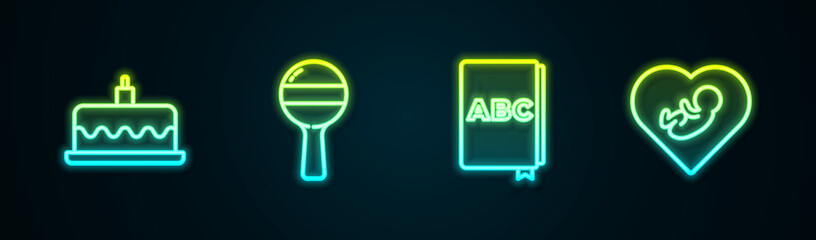 Set line Cake with burning candles, Rattle baby toy, ABC book and Baby inside heart. Glowing neon icon. Vector