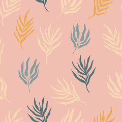 Seamless pattern background with abstract hand drawn plant silhouette. Tropical foliage palm tree branch minimalist vector boho floral backdrop texture. Cute pink vector summer texture wallpaper