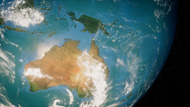 Fototapeta Earth in Space. Photorealistic 3D Render of the Globe, with views of Australia and Oceania. Global Concept.