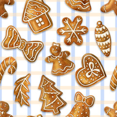 Seamless watercolor pattern for textiles and packaging. Christmas gingerbread on a checkered background.