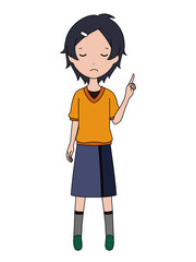 指差し案内をしている落ち込んだ表情の女の子の全身イラスト