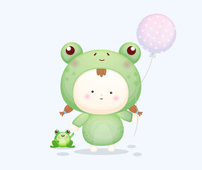Cute baby in frog costume holding balloon. Mascot cartoon illustration Premium Vector