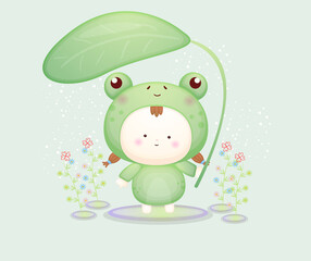 Cute baby in frog costume holding leaf. Mascot cartoon illustration Premium Vector