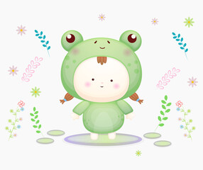Cute baby in frog costume. Mascot cartoon illustration Premium Vector