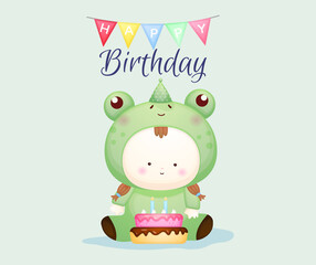 Happy Birthday with cute baby in frog costume. Mascot cartoon illustration Premium Vector
