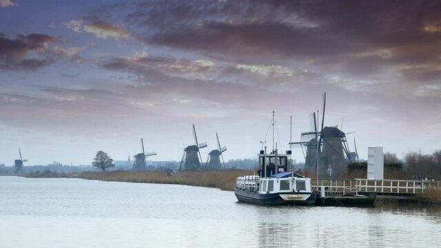 Dutch windmills and dramatic skies at polder Kinderdijk