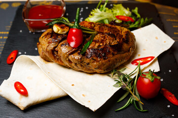 steak on the board, restaurant meat hand