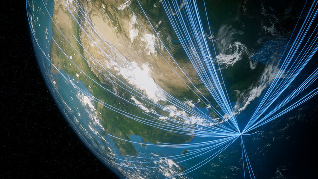Earth in Space. Blue Lines connect Osaka, Japan with Cities across the World. Worldwide Travel or Networking Concept.