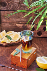 Espresso tonic. Lemon, sage. Side view, wooden background.