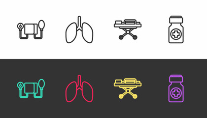 Set line Blood pressure, Lungs, Stretcher and Medicine bottle and pills on black and white. Vector