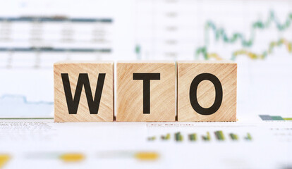 Word WTO - World Trade Organization, made with wood building blocks on background from financial graphs and charts.