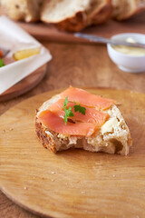 bruschetta with slice raw salmon fillet