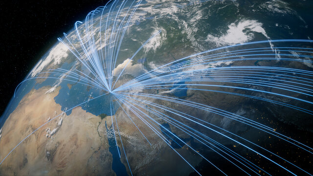 Earth in Space. Blue Lines connect Antalya, Turkey with Cities across the World. Global Travel or Business Concept.