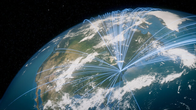Earth In Space. Blue Lines Connect Baltimore, USA With Cities Across The World. Global Travel Or Business Concept.