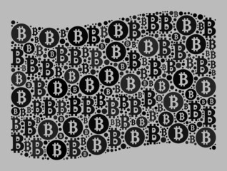 Mosaic bitcoin waving black flag created with bitcoin items. Vector collage waving black flag done for BTC propaganda. Black flag collage is done of scattered BTC particles.