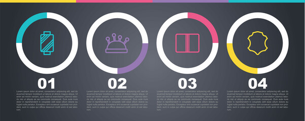 Set line Sewing thread on spool, Needle bed and needles, Textile fabric roll and Leather. Business infographic template. Vector