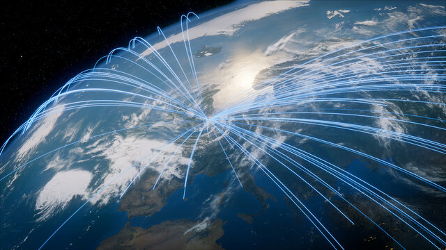 Earth in Space. Blue Lines connect London, UK with Cities across the World. Global Travel or Networking Concept.