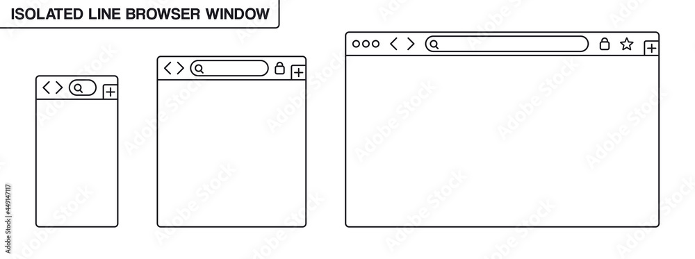 Poster responsive browser window black lines vector set. isolated blank browser mockup for mobile smartphon