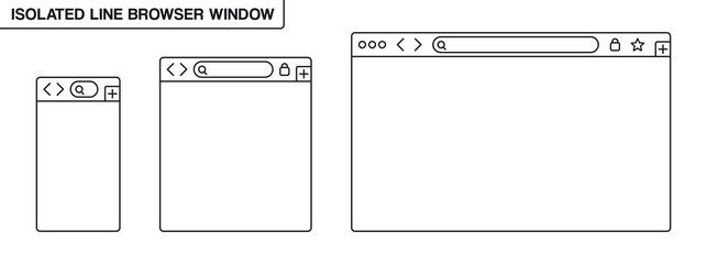 Responsive browser window black lines vector set. Isolated blank browser mockup for mobile smartphone , laptop, monitor, tablet devices. Blank display design template. Vector illustration.