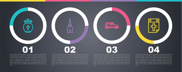 Set line Funeral urn, Church building, Hearse car and Calendar death. Business infographic template. Vector