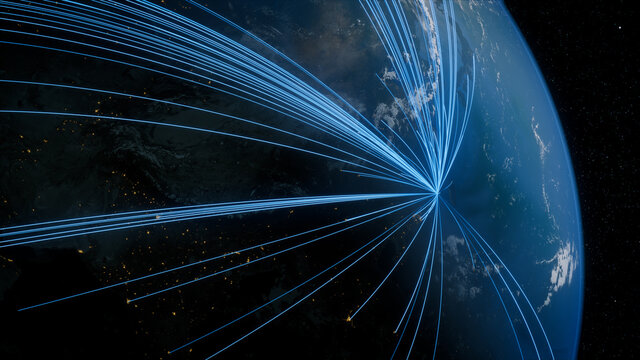 Earth in Space. Blue Lines connect Xiamen, China with Cities across the World. Global Travel or Business Concept.