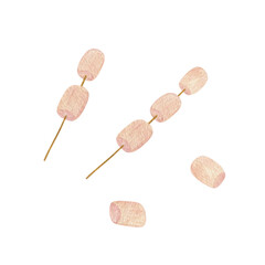 Marshmallow pink colored sweet soft dessert watercolor illustration, traditional camping delicacy to roast with different flavors, low nutritional value
