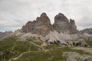 Fototapeta premium Enjoying the stunning views over the mountainous landscapes of Northern Italy's Dolomite Mountains at Tre Cime