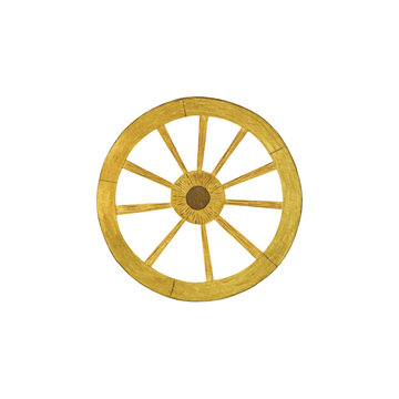 Wooden cart wheel watercolor illustration, element of old-fashioned agricultural transport, simple isolated object