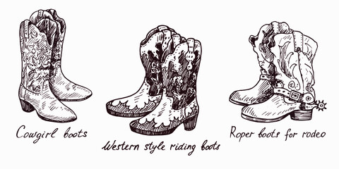 Cowgirl boots, Western style riding boots,Roper boots for rodeo, woodcutstyle ink drawing illustration with inscription - 449148140
