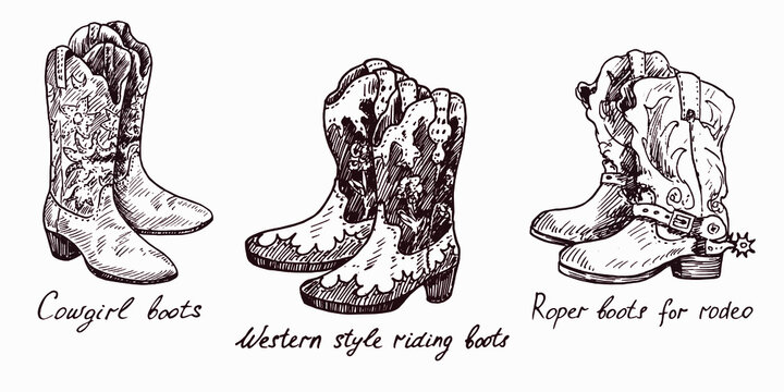 Cowgirl boots, Western style riding boots,Roper boots for rodeo, woodcutstyle ink drawing illustration with inscription