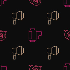 Set line Photo camera, Softbox light and Camera roll cartridge on seamless pattern. Vector