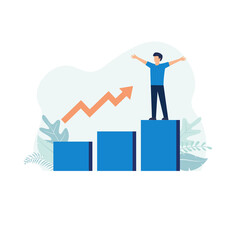 Flat design concept of success, business, growth. Vector illustration for website banner, marketing material, business presentation, online advertising.