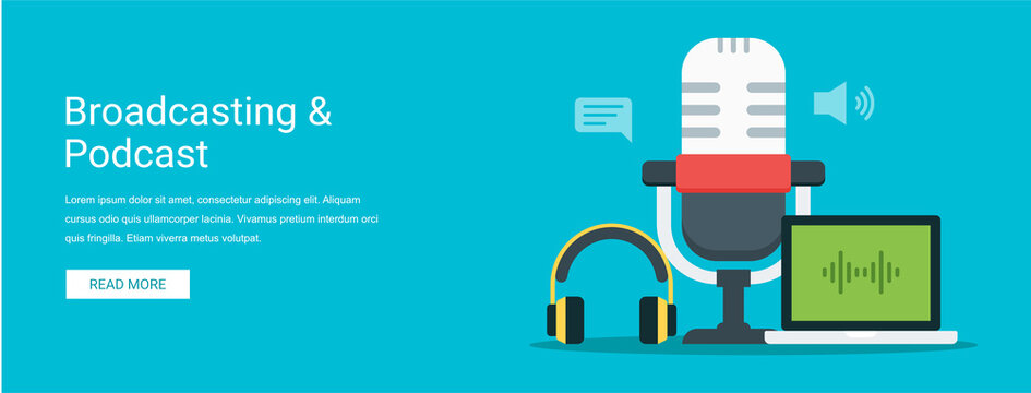 Broadcasting and podcast vector illustration banner concept in flat style. Suitable for web banners, social media, postcard, presentation and many more.