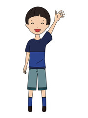 手を挙げている笑顔の男の子の全身イラスト