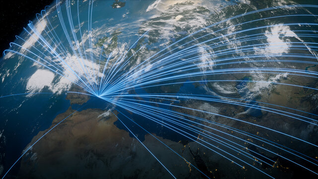 Earth in Space. Blue Lines connect Palma De Mallorca, Spain with Cities across the World. Worldwide Travel or Networking Concept.