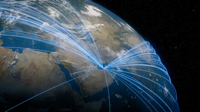Earth in Space. Blue Lines connect Abu Dhabi, UAE with Cities across the World. Global Travel or Communication Concept.
