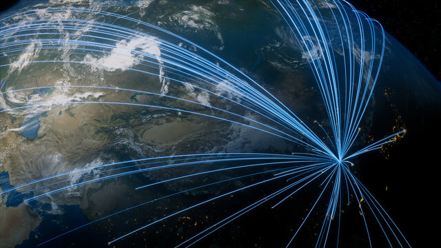 Earth in Space. Blue Lines connect Nanjing, China with Cities across the World. International Travel or Communication Concept.