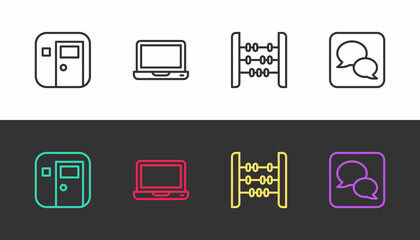 Set line School classroom, Laptop, Abacus and Speech bubble chat on black and white. Vector