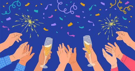 Human hands with champagne glasses and sparklers on confetti background. Celebration of New Year, birthday, anniversary or business success. Group of people celebrating event. Cartoon colorful banner © vectorikart