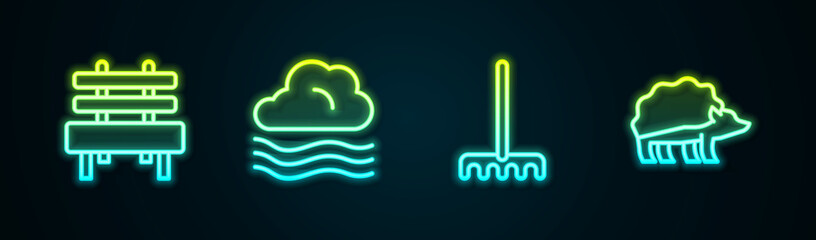 Set line Bench, Windy weather, Garden rake and Hedgehog. Glowing neon icon. Vector