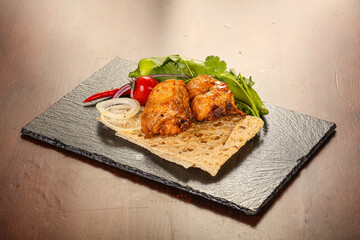 Chicken shashlik – roasted kebab served vegetables