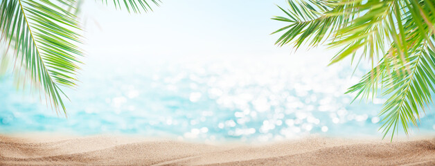 Summer tropical sea and palm leaves - obrazy, fototapety, plakaty