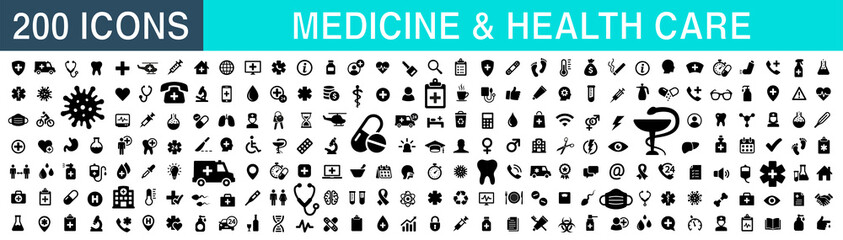 Medecine and health icon symbols. Set 207 Medical care icon. Pills, doctor, intensive care, COVID 19, hospital, ambulance, virus icons - stock vector.