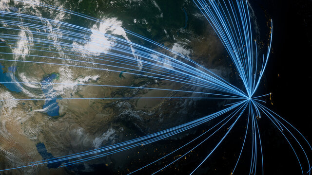 Earth in Space. Blue Lines connect Changsha, China with Cities across the World. Worldwide Travel or Business Concept.