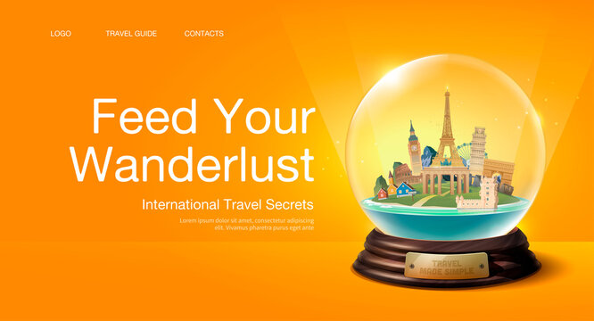 Travel to Europe. Road trip. Tourism. The glass ball with landmarks. Travelling vector illustration. Famous attractions. Modern flat design. Around the world.