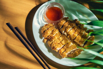 Breaded chicken steak with spicy Sichuan sauce. Chicken schnitzel