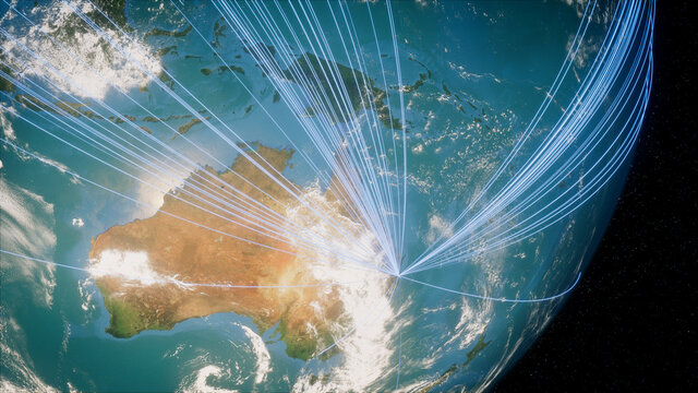 Earth in Space. Blue Lines connect Brisbane, Australia with Cities across the World. Worldwide Travel or Networking Concept.