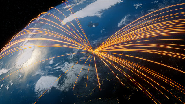 Earth in Space. Orange Lines connect Dublin, Ireland with Cities across the World. Global Travel or Communication Concept.