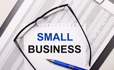 On a light background, a report, black-framed glasses, a pen and a sheet of paper with the text SMALL BUSINESS. Business concept